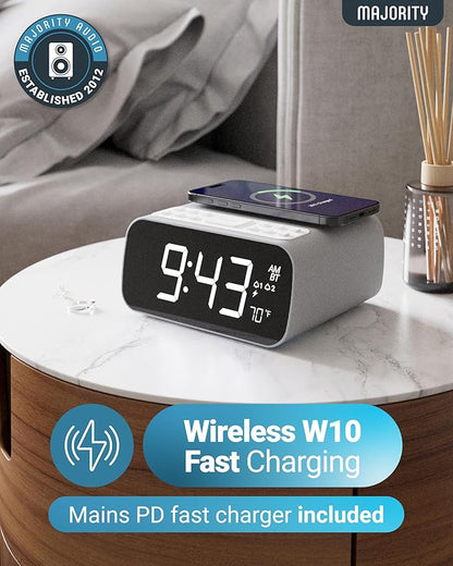 Majority Bluetooth Alarm Clocks with Wireless Charging | Bedside Clock for Bedroom with 10W Power FM Radio | Large Screen Display, Loud Alarm for Heavy Sleepers, and Display Backlit Dimmable Darwin