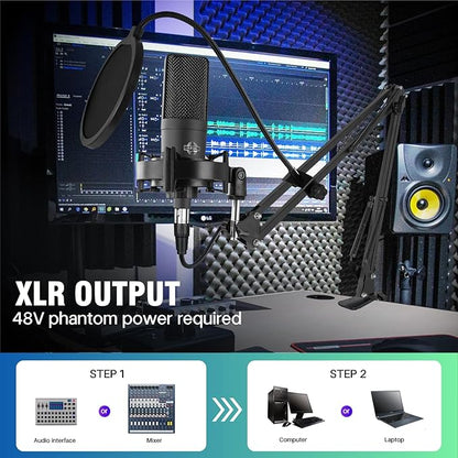 Condenser Microphone XLR Professional Studio Recording Microphone Kit for PC Computer with Boom Arm,Cardioid XLR Podcast Microphone for Streaming,Gaming,Singing,Voice Over,ASMR,YouTube