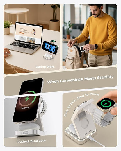 SoFlame 3 in 1 Magnetic Wireless Charging Station for Mag-safe Charger, Foldable Travel Charger with Night Light, 15W Fast Charging Stand with 25W Adapter, for iPhone17-12, Apple Watch, AirPods -Beige