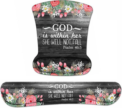 Ergonomic Mouse Pad Wrist Support and Keyboard Wrist Rest Set with Coasters, Non-Slip PU Base, Easy Typing and Relieve Wrist Pain for Home Office Working Studying, Floral Quote Bible Verses Psalm 46:5