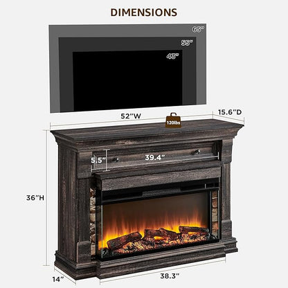 OKD 52 Inch Electric Fireplace with Mantel, Fireplace TV Stand with 36" 3-Sided Glass Electric Fireplace Heater for Living Room, Dark Rustic Oak