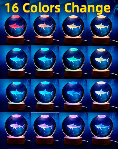 3D Crystal Ball Shark Lamp,Lifelike 3D LED Shark Night Light,16 Color Changing Light,Dimmable Remote Control