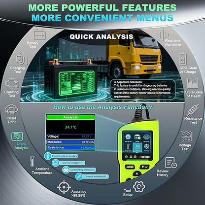 Acclope BT90 PRO 2-360Ah Battery Tester with Cloud Printing, 30-3800 CCA, 6V/12V/24V Digital Analyzer, SOH/SOC/Volt/Res/Cranking&Charging Test, Real‑Time Ambient Temp, AGM/EFB/Gel/Li