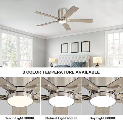WINGBO 48" DC Flush Mount Ceiling Fan with Lights, 6-Speed Reversible DC Motor, 3CCT, Low Profile Hugger Ceiling Fan for Living Room Bedroom Kitchen, Nickel Finish and Black/Gray Blades