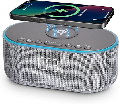 Odokee Wireless Charging Alarm Clock Radio: Qi Certified Fast Wireless Charger for iPhone Samsung - 10W Stereo Bluetooth Speaker - Dimmable Digital Clock with FM Radio for Bedroom Gray