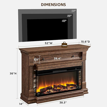 OKD 52 Inch Electric Fireplace with Mantel, Fireplace TV Stand with 36" 3-Sided Glass Electric Fireplace Heater for Living Room (Brown)