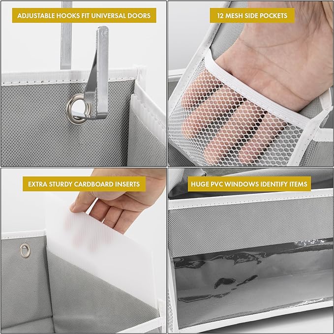 HOMELUX THEORY UPGRADED 6 Tiers Over The Door Organizer Hanging - 100D EXTRA THICK & 50lbs HUGE CAPACITY, 12 Side Mesh Pockets Over The Door Shoe Organizer, Hanging Closet Organizer (Ivory, 1pc)
