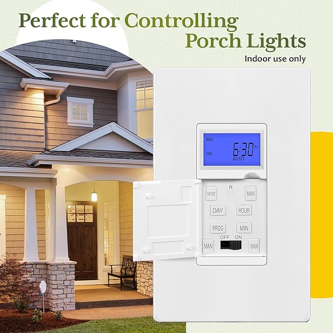 TG 7 Days Digital in-Wall Programmable Timer Switch for Lights, Fans, and Motors, Single Pole, Neutral Wire Required, 18 ON/Off Timer Settings, with Blue Backlight, White, 2 Pack