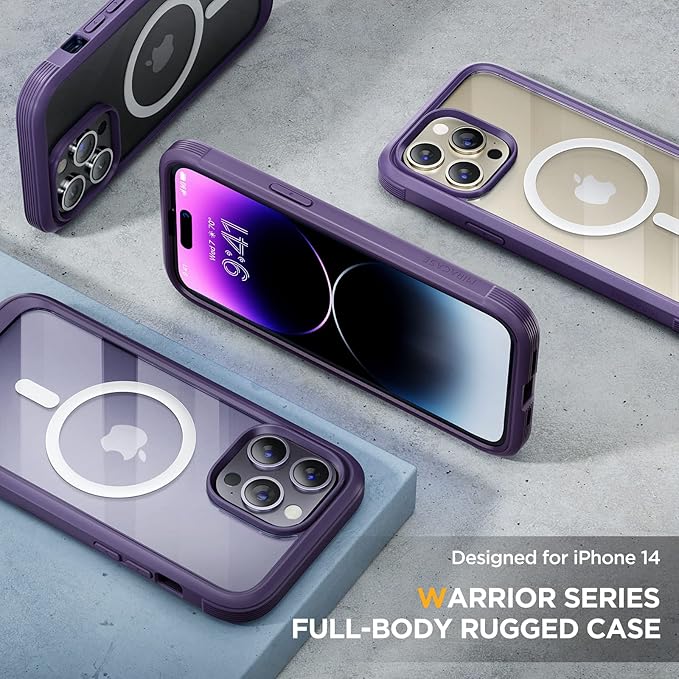 Miracase Magnetic for iPhone 14 Pro Case 6.1 inch, (Compatible with MagSafe) Upgrade Full-Body Clear Phone Bumper Case with Built-in 9H Tempered Glass Screen Protector, Magnetic Purple
