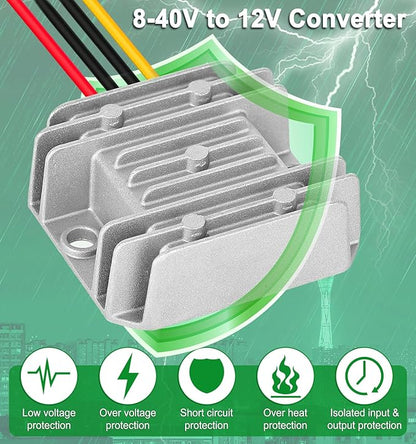 DC 8-40V to 12V Converter 3A 36W Regulated Voltage Power Converter IP68 Waterproof Transformer for Golf Cart Truck Boat Vehicle