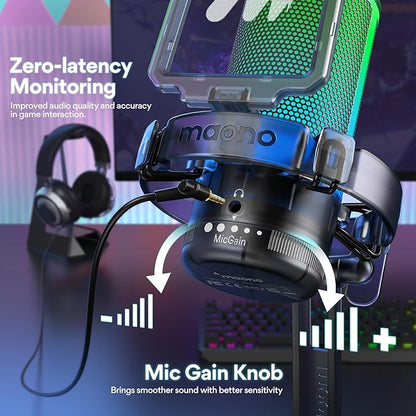 MAONO Gaming USB Microphone for PC with Noise Cancellation, Computer RGB Condenser Mic for Streaming Discord Twitch YouTube Podcast Online Chat PS4 PS5, GamerWave DGM20