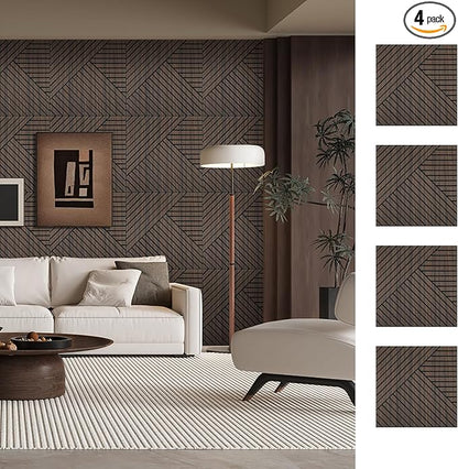 ARMURO 4 Packs Acoustic Wall Panels - Self-Adhesive 3D Wood Slat Wall Panel- Peel and Stick Sound Absorbing Panels for Noise Reducing - Feature Wall Decor for Home & Office