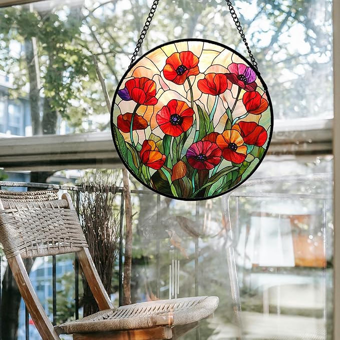 CRISGIF Stained Glass Window Hanging - Poppy Birth Flowers Suncatcher for Door Garden Yard Wildflowers Sun Catchers Decor Christmas Mother's Day Birthday Gifts for Women Mom Nana Friend 11.8 in