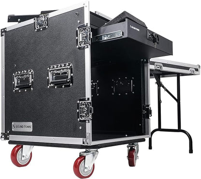 Sound Town High-Quality 1/2” (12mm) 12U PA DJ Pro Audio Rack/Road ATA Case with 11U Slant Mixer Top, Locking Drawer, Side Table, 20.2’’ Rackable Depth and Casters (STMR-12TD2)