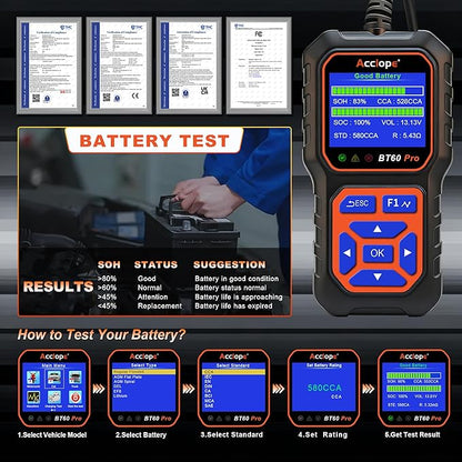 BT60 Pro Acclope Car Battery Tester with Cloud Printing 100-3000 CCA 6V 12V 24V AGM Lithium Gel Battery Checker Automotive Alternator Digital Analyzer Charging Cranking System Vehicles Truck Home-use