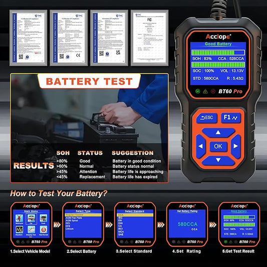 BT60 Pro Acclope Car Battery Tester with Cloud Printing 100-3000 CCA 6V 12V 24V AGM Lithium Gel Battery Checker Automotive Alternator Digital Analyzer Charging Cranking System Vehicles Truck Home-use