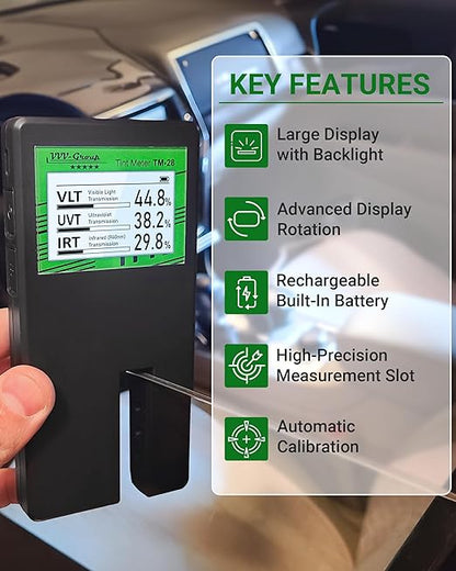 Digital Car Window Tint Meter TM-28 – Side Window Tint Tester for Light Transmission, UV/IR Rejection, Auto Calibration, Display Rotation