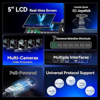 Tenveo NDI PTZ Camera Controller, 5'' LCD Screen Preview, 4D Joystick, PoE IP PTZ Controller Keyboard for Church Worship Live Streaming Broadcasts Events Video Production, NDI License Included