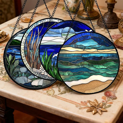 AMDERVEN Stained Glass Window Hanging 4 Pcs Set Navy Blue Ocean Landscape 9.8" - Suncatcher Door Garden Sun Catcher Decor Birthday Mother's Day for Mom Woman Nana Girl Boy Friend