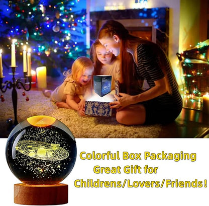 Conalisk 3D Solar System Crystal Ball Lamp,3.15 Inch K9 Crystal Ball Night Light with Wooden Base,16 Colors Changing with Remote Control,3D Planet Laser Engraving Holographic Light (Solar System)