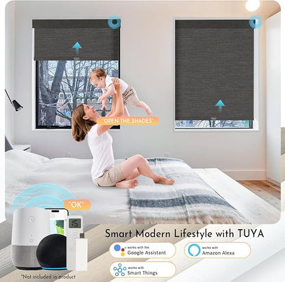 Persilux Smart Motorized Blinds with Remote, No Drill Automatic Roller Shades for Indoor Windows, Blackout Linen Fabric, Electric Blinds for Windows, Weave Blend Coal C162BO-8, Custom Size
