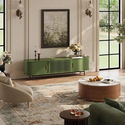 POVISON Fully-Assembled Modern Green TV Stand with Tambour Doors, Fluted TV Media Console for 100 Inch TVs, Sliding Door Entertainment Center with Storage for Living Room (Green, 118.11")