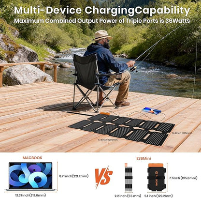 FlexSolar Portable 36W Solar Panel Charger with USB-A and USB-C Ports.1.3lbs,IP57 Waterproof and dustproof, Folded Solar Panel Compatible with Cellphone,Power Bank,Camping Light