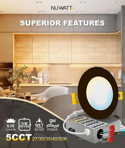 NUWATT 6 Pack 4 Inch Ultra-Thin Bronze LED Recessed Lighting, 5CCT 2700K/3000K/3500K/4000K/5000K Selectable, 630 Lumens, IC Rated, Dimmable Canless Wafer Light, Slim Panel Light, Metal J-Box, ETL