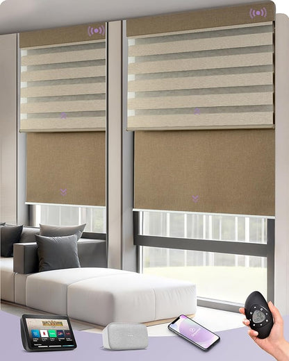 Graywind Smart Dual Shades Compatible with Alexa Google Homepod Motorized Double Zebra Blinds Matter Solar Powered, Custom Size (Coffee)