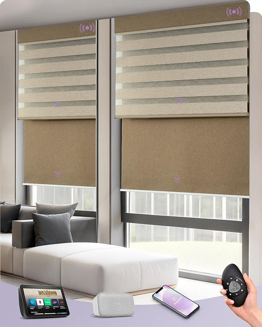 Graywind Smart Dual Shades Compatible with Alexa Google Homepod Motorized Double Zebra Blinds Matter Solar Powered, Custom Size (Coffee)