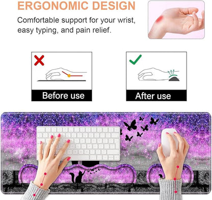 Ergonomic Keyboard Wrist Rest & Mouse Pad Wrist Rest Set, Large XXL Gaming Desk Mat 31.5"x 11.8" with Non-Slip Base, Memory Foam, Easy Typing Pain Relief for Home & Office, Black Cat and Butterfly
