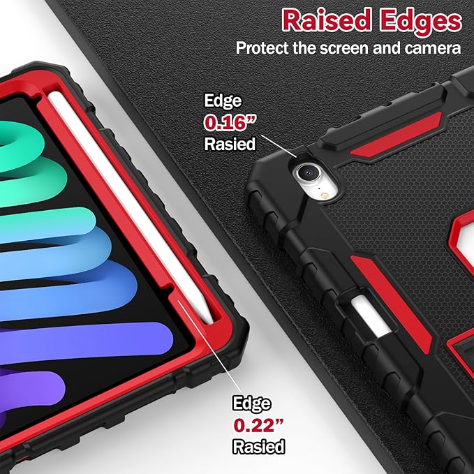 Grifobes Case for iPad Mini 7 (A17 Pro) 2024 / Mini 6 2021 8.3 inch, Heavy Duty Shockproof Rugged Cover with Pencil Holder Stand, for I Pad Mini 7th/6th Gen 8.3" Case for Kids Boys (Black+Red)
