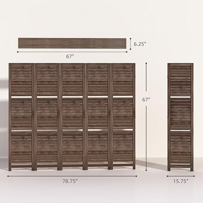 HOMCOM Room Divider, 5 Panel 67" Tall Wood Privacy Screen with 3 Display Shelves, and Folding Storage for Bedroom or Home Office, Walnut