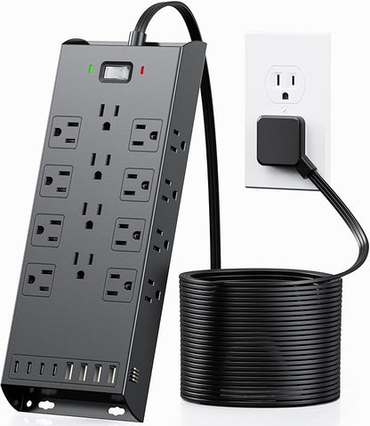 Surge Protector Power Strip 4800J, LeZone 10Ft Long Extension Cord Flat Plug, 20 Outlets 8 USB Ports(4 USB-C), Wall Mountable, Desk Charging Station, Black