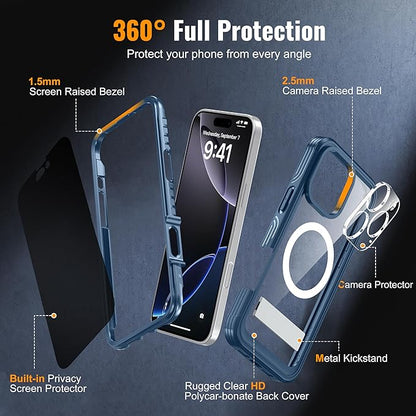 360° Protection Magnetic for iPhone 16 Pro Case Built-in 9H Privacy Screen Protector & Metal Stand[Fit for Magsafe][Anti-Spy][Lens Protector] Heavy Duty Shockproof Phone Case for iPhone 16 Pro