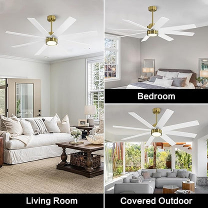 WINGBO 60" Large DC Ceiling Fans with Lights and Remote, 3 Downrods, 8 Plywood Blades, 6-Speeds Reversible DC Motor, 3CCT, Indoor Ceiling Fan for Bedroom Living Room Patio, Brass and White