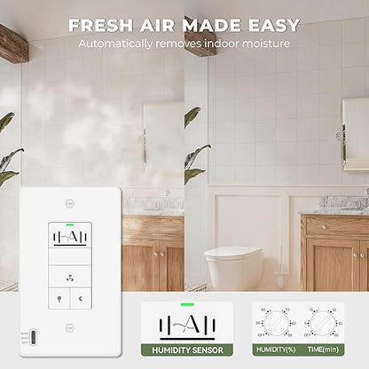 Akicon Humidity Sensor Switch with Motion-Activated Wall Plate, Bathroom Fan Timer Switch for Ventilation, Adjustable Humidity Settings, Fan and Light Control, ETL Listed, White