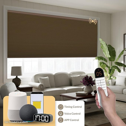 Boolegon No Drill Motorized Cellular Blinds with Remote Motorized Blackout Honeycomb Blinds for Indoor Windows Easy to Install Automatic Cellular Shades for Home,Blackout Dark Brown,Custom Size