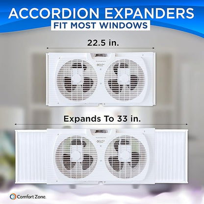 Comfort Zone Twin Window Fan with Reversible Airflow Control, 9 inch, Auto-Locking Expanders, 2 Speed Fan, Dual Fan, Exhaust, Airflow 9.84 ft/sec, Ideal for Home, Kitchen, Bedroom & Office, CZ319WT