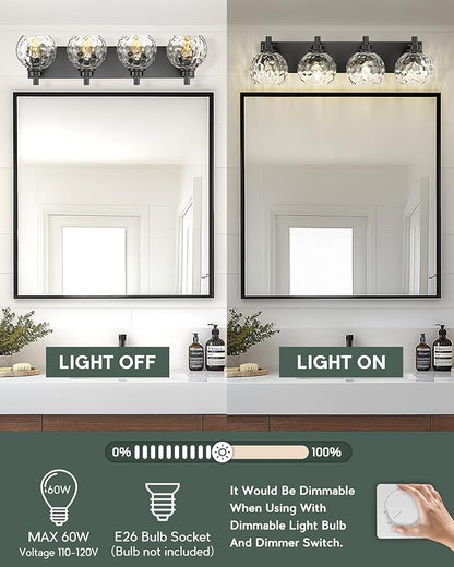 METWET Bathroom Light Fixtures Over Mirror, 26" Matte Black Vanity Light with Clear Hammered Glass Globe Shade, 4-Light Modern Sconces Wall Lighting for Bedroom Hallway, VL200-MB-CL-4
