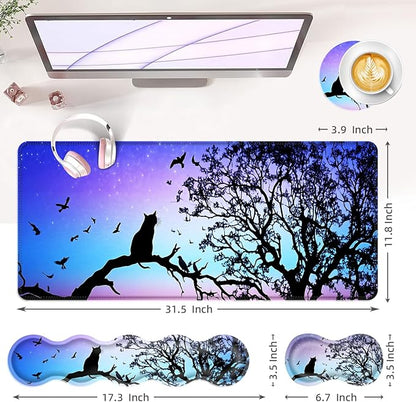 BFUKVOU Large Keyboard Mouse Pad Set, Extended Mouse Pad+Keyboard Wrist Rest Support, Memory Foam Ergonomic Easy Typing, 4Pcs (31.5×11.8 in) Desk Pad Set for Office Home,Black Cat Under Starry Night