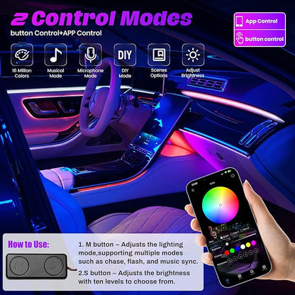 Acrylic Interior Car LED Strip Lights, Colorful 10-in-1 Car Ambient Lighting Kit, with Wireless APP Control, 622 LED Fiber Optic Strip Lights for Cars, Supports Neon Sync with Music DIY Mode