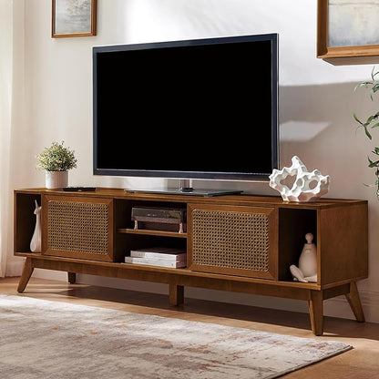 LKTART 68 Inch Mid Century Modern TV Stand with Rattan Doors, MCM Entertainment Center Media Console for 60/65/70/75 inch TVs, Long Boho Television Stand for Living Room, Light Walnut