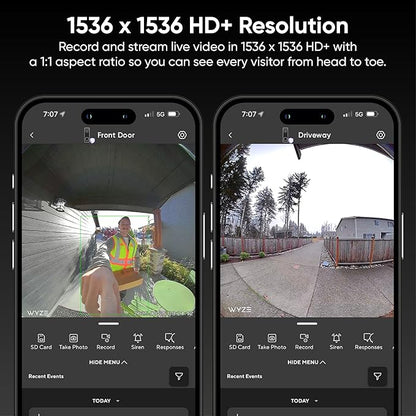 Wyze Battery Video Doorbell Wireless Camera, 1536x1536 HD+ with Color Night Vision, 2-Way Audio, 1:1 Head-to-Toe View, Person/Vehicle/Package Monitor, Wire-Free/Wired Option, 1 Minute Easy Setup