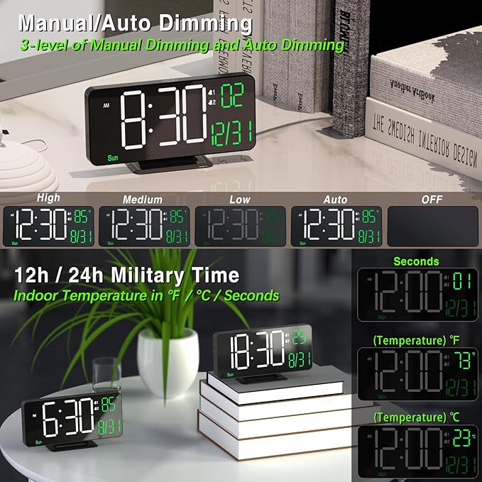 KOSUMOSU Digital Clock for Bedroom, 6.7in Black Alarm Clocks for Bedrooms,Auto Dimming, Date, Day of Week, Indoor Temperature,Digital Alarm Clock,Clocks for Living Room