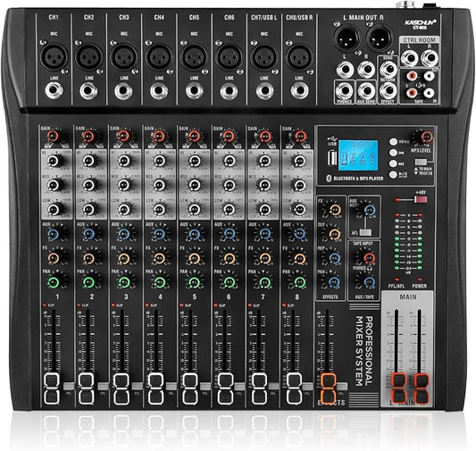 8 Channel Professional Audio Mixer with 48V Phantom Power, USB Audio Interface, Bluetooth & MP3 Player, Sound Board for Podcast, Home Studio, Live Streaming & Recording