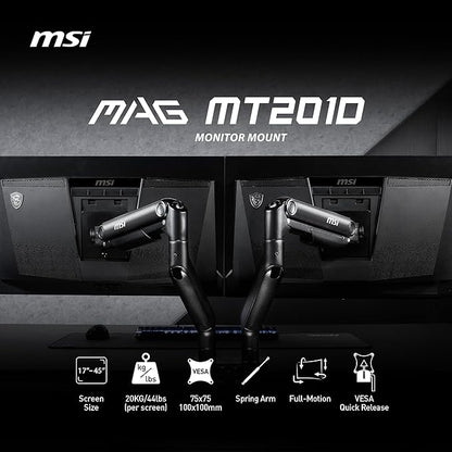 MSI MAG MT201D - Premium Heavy Duty Dual Monitor Stand Arms, 17-45" Support, VESA Compatible, Adjustable Spring Mount, 44 lbs per Screen, Clamp & Grommet, Quick Release Plate - Black