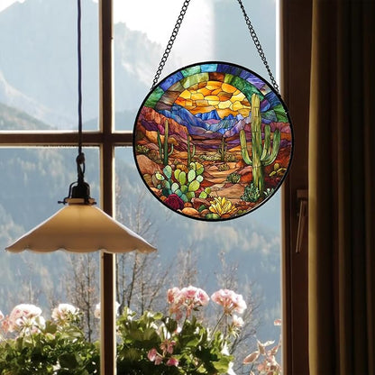 CRISGIF Stained Glass Window Hanging Cactus Mountains Landscape 9.8" - Suncatcher Door Garden Sunroom Sun Catcher Home Decor Birthday Christmas for Mom Men Woman Nana