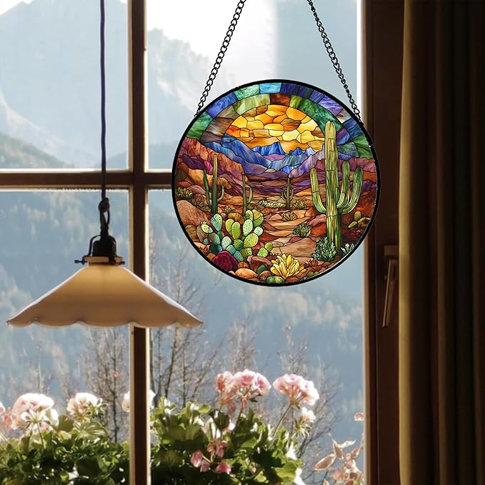 CRISGIF Stained Glass Window Hanging Cactus Mountains Landscape Large 15" - Suncatcher Door Garden Sunroom Sun Catcher Home Decor Birthday Christmas for Mom Men Woman Nana