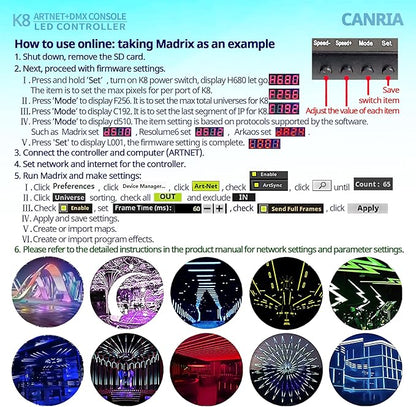 CANRIA K8 ARTNET+DMX CONSOLE LED CONTROLLER, Suitable for SPI and DMX512 LED Light, Online Offline, Addressable Programmable, 1G SD Card With 96 Program Modes and Offline Software.